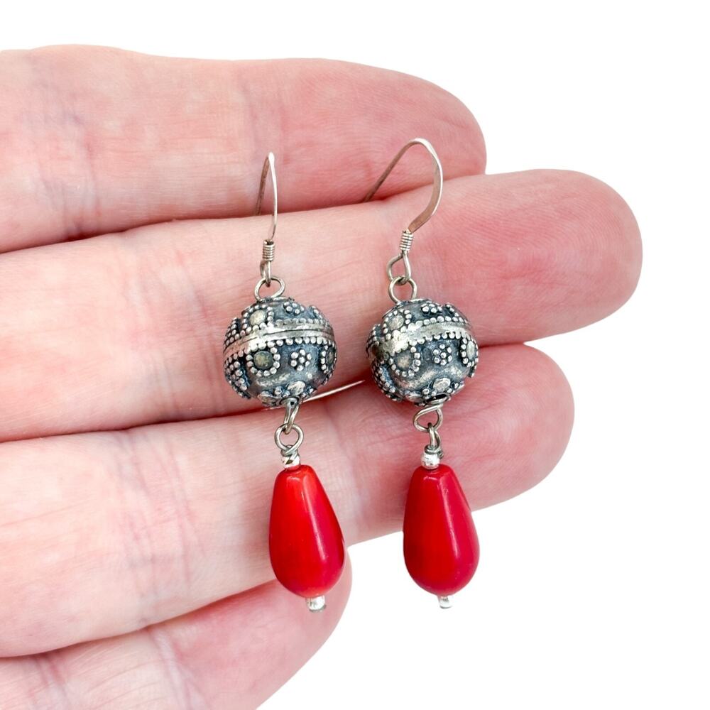 Vintage Sterling Silver 925 Filigree Ball Red Coral Drop Earrings